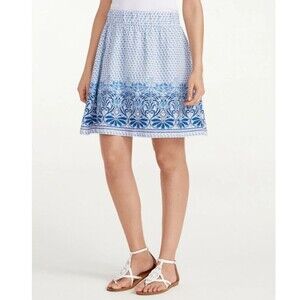 Tommy Bahama Havana Baroque Blue Linen Skirt Elastic Waist Coastal Beach Size M